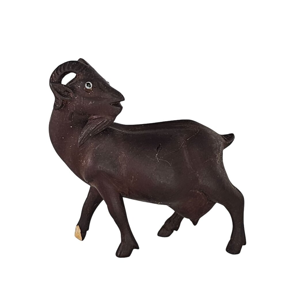 Vintage Hand-Carved Wooden Goat Ram Figurine Horned *FLAW*